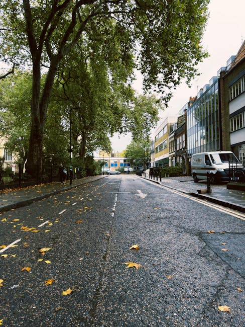 A quiet street scene showing an urban residential area with a paved road, lined with modern multi-storey buildings on the right, featuring large glass windows and balconies. A white van is parked on the right side near a driveway, while black metal railings separate the sidewalk from the road. On the left, there are large mature trees with green foliage, creating shade over the pavement, which is scattered with fallen yellow leaves, suggesting an autumn setting. The road appears wet, indicating recent rain, and is slightly inclined towards the background where additional buildings are visible. This scene depicts a typical environment suitable for house removals or furniture transport, with no activity visible but a clear indication of urban living prepared for home relocation or loading processes, fitting the context of [PAGE_TITLE] by Removal Van Lambeth.