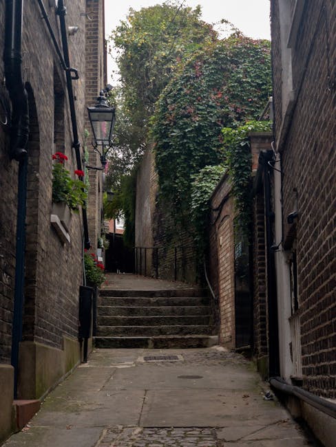 A narrow outdoor staircase composed of weathered stone steps leading upwards between brick buildings in an alleyway. The left side features black metal railings and small red flowers in a window box attached to one of the brick walls. The right side has a similarly aged brick wall with external pipes, and a climbing plant with green and reddish leaves extends over the top of the wall, partially obscuring the sky above. At the top of the stairs, an iron gate with vertical bars is visible. The scene is lit with natural daylight, highlighting the textures of the bricks, stone steps, and foliage. This setting represents the typical environment for arranging home relocation logistics, involving careful navigation of confined staircases during furniture transport or packing processes, as managed by removal services such as Removal Van Lambeth.